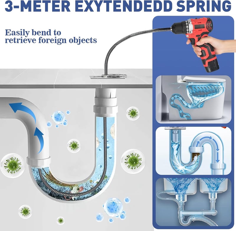 UGBO lefolyótisztító spirál 10 mm x 3 m lefolyócső tisztítószár mosogatóhoz fúró adapterrel