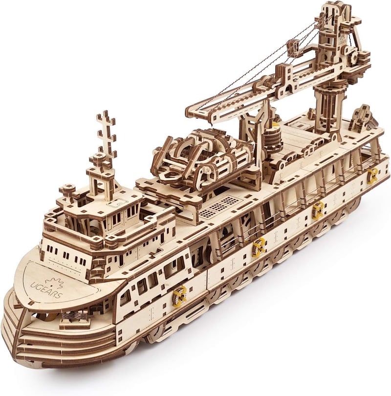 UGEARS Explorer Hajó 3D Fa Puzzle - Mechanikus Modellépítő Készlet Felnőtteknek - research vessel