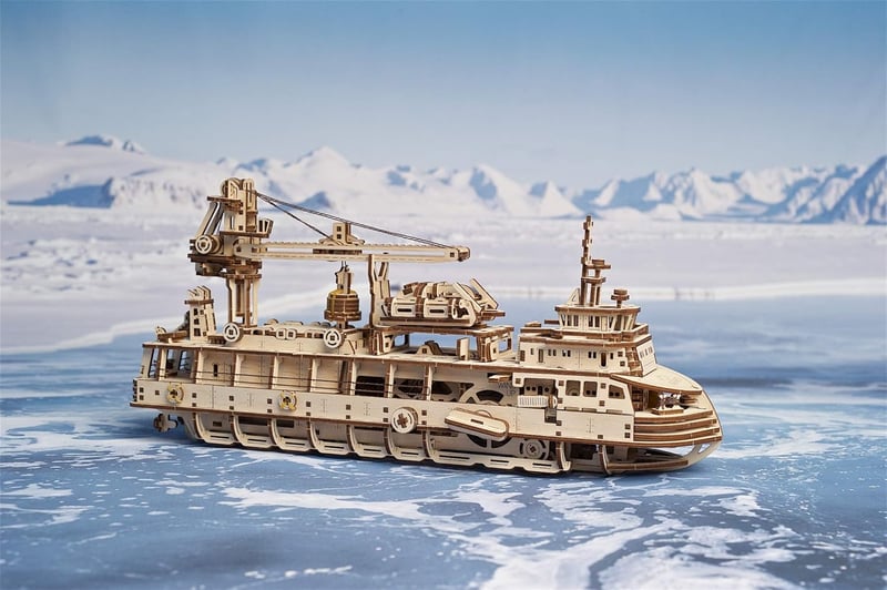 UGEARS Explorer Hajó 3D Fa Puzzle - Mechanikus Modellépítő Készlet Felnőtteknek - research vessel