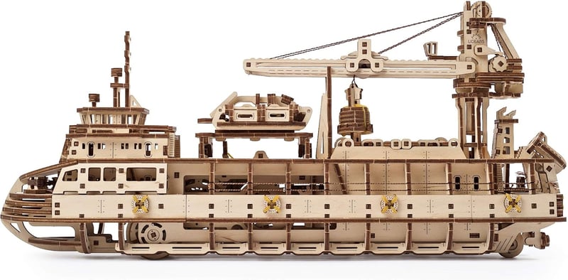 UGEARS Explorer Hajó 3D Fa Puzzle - Mechanikus Modellépítő Készlet Felnőtteknek - research vessel