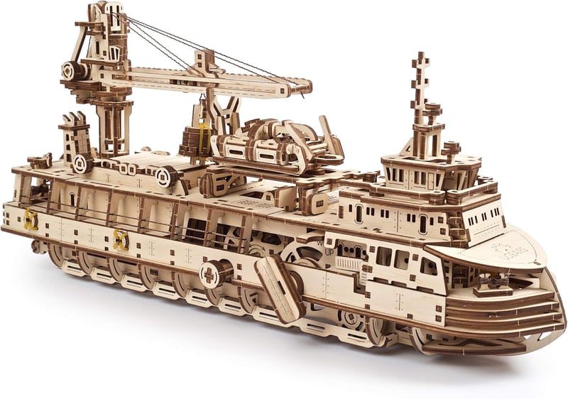 UGEARS Explorer Hajó 3D Fa Puzzle - Mechanikus Modellépítő Készlet Felnőtteknek - research vessel