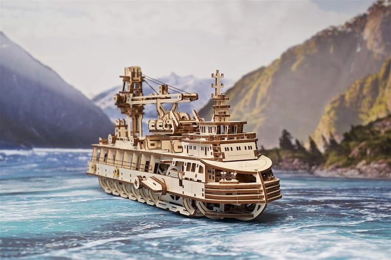 UGEARS Explorer Hajó 3D Fa Puzzle - Mechanikus Modellépítő Készlet Felnőtteknek - research vessel