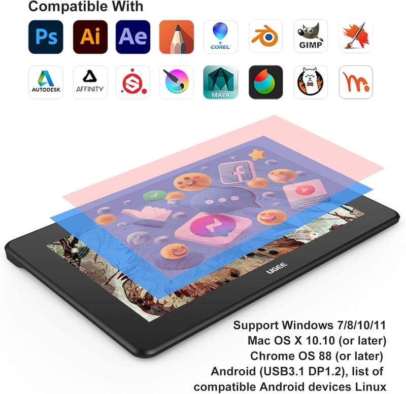 UGEE U1600 Grafikus Rajztábla Monitor 15,4" FHD Teljesen Laminált Kijelzővel, 90% NTSC, Windows/Mac/Android/Linux/OSU Kompatibilis Digitális