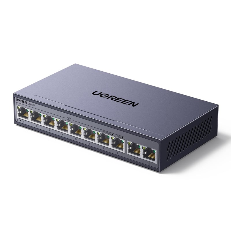10-portový gigabitový PoE switch UGREEN s 8 PoE a 2 gigabitovými uplink portmi, výkonom 60 W, kovovým krytom, pre NVR a IP kamery