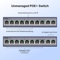 10-portový gigabitový PoE switch UGREEN s 8 PoE a 2 gigabitovými uplink portmi, výkonom 60 W, kovovým krytom, pre NVR a IP kamery 4