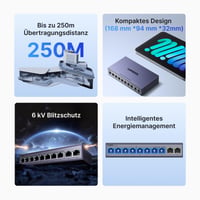 10-portový gigabitový PoE switch UGREEN s 8 PoE a 2 gigabitovými uplink portmi, výkonom 60 W, kovovým krytom, pre NVR a IP kamery 5