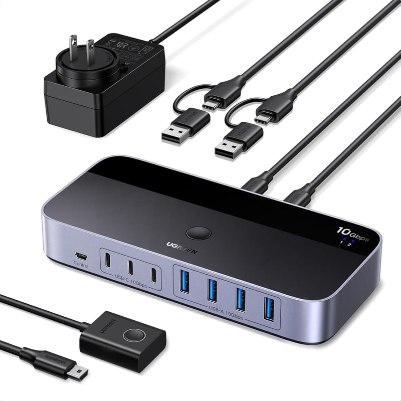 Comutator UGREEN 2 la 7 USB-C, 10Gbps, USB 3.2, splitter pentru două PC-uri, cu 3x USB-C, 4x USB-A, pentru tastatură, mouse, imprimantă, cu telecomandă pe fir