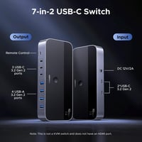 Comutator UGREEN 2 la 7 USB-C, 10Gbps, USB 3.2, splitter pentru două PC-uri, cu 3x USB-C, 4x USB-A, pentru tastatură, mouse, imprimantă, cu telecomandă pe fir 3