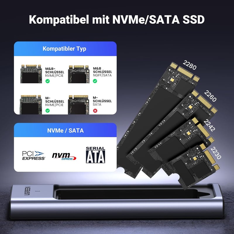 UGREEN 20Gbps NVMe SATA SSD ház USB-C 3.2 Gen 2x2, M.2 2280/2242/2230 kompatibilis