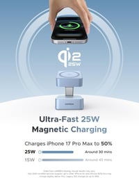 Suport de încărcare wireless 2 în 1 UGREEN 25 W MagFlow MagSafe cu certificare Qi2 pentru iPhone 17, 16, 15, 14, 13, 12 și AirPods 4, 3, 2, Pro 2 2