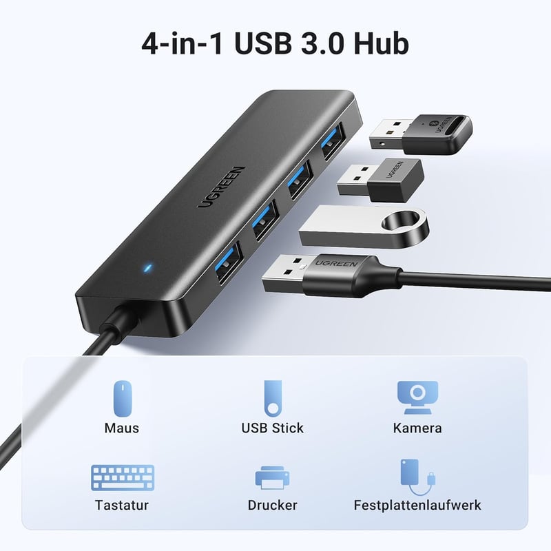 UGREEN 4 Portos USB 3.0 Hub Elosztó 5Gbps Gyors Adatátvitel MacBook iMac Surface Dell Laptop PC Merevlemez Pendrive 15cm Fekete
