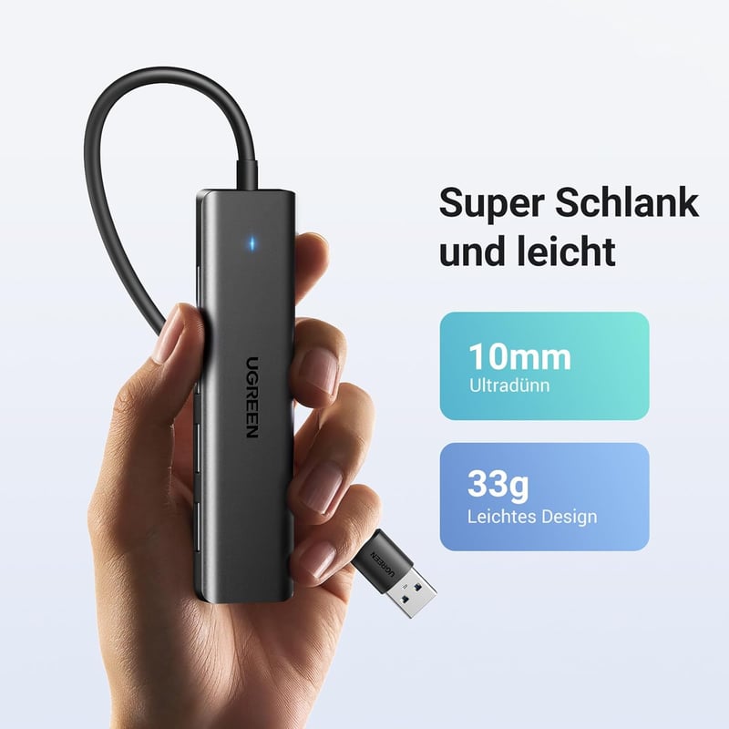 UGREEN 4 Portos USB 3.0 Hub Elosztó 5Gbps Gyors Adatátvitel MacBook iMac Surface Dell Laptop PC Merevlemez Pendrive 15cm Fekete