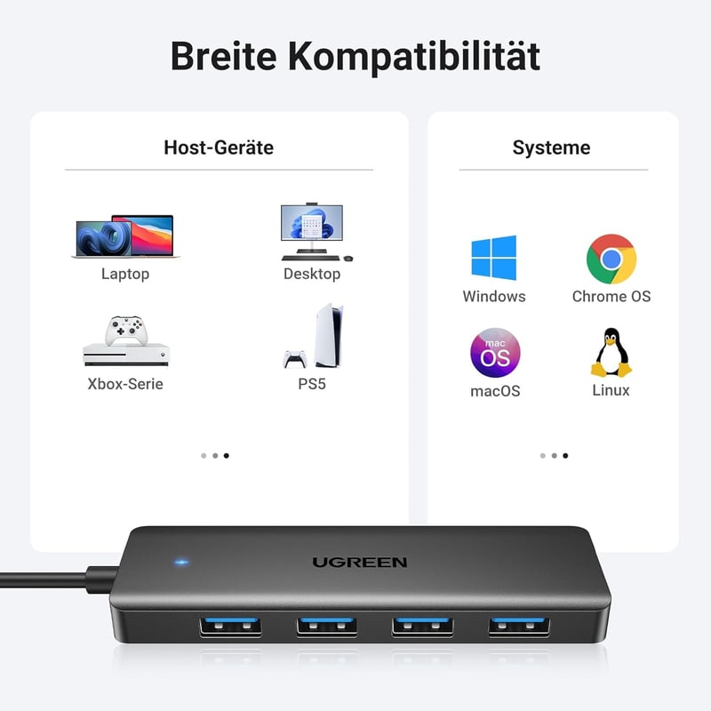 UGREEN 4 Portos USB 3.0 Hub Elosztó 5Gbps Gyors Adatátvitel MacBook iMac Surface Dell Laptop PC Merevlemez Pendrive 15cm Fekete