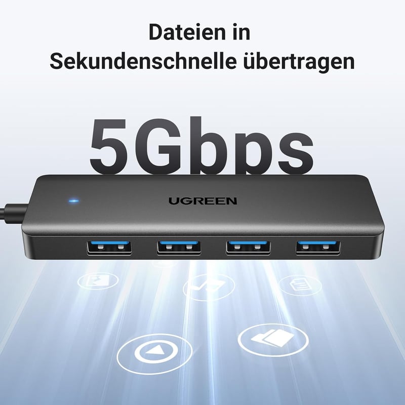 UGREEN 4 Portos USB 3.0 Hub Elosztó 5Gbps Gyors Adatátvitel MacBook iMac Surface Dell Laptop PC Merevlemez Pendrive 15cm Fekete