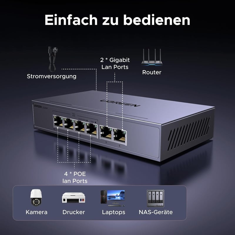 UGREEN 6 portos PoE switch gigabit LAN 60W fém ház IEEE 802.3af/at