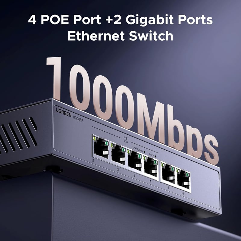 UGREEN 6 portos PoE switch gigabit LAN 60W fém ház IEEE 802.3af/at