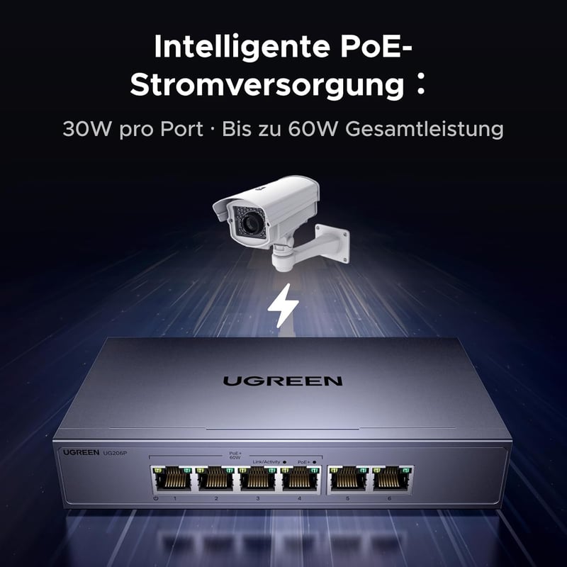 UGREEN 6 portos PoE switch gigabit LAN 60W fém ház IEEE 802.3af/at