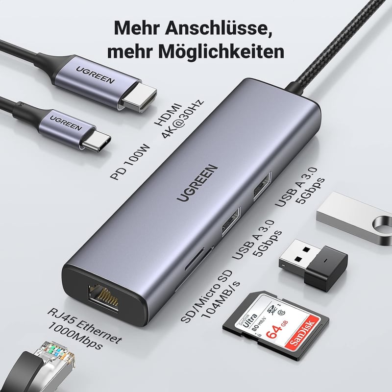 UGREEN 7 az 1-ben USB-C Hub - Gigabit Ethernet, 4K HDMI, 100W PD, SD Kártyaolvasó, iPhone 15, MacBook, iPad Pro, Steam Deck kompatibilis