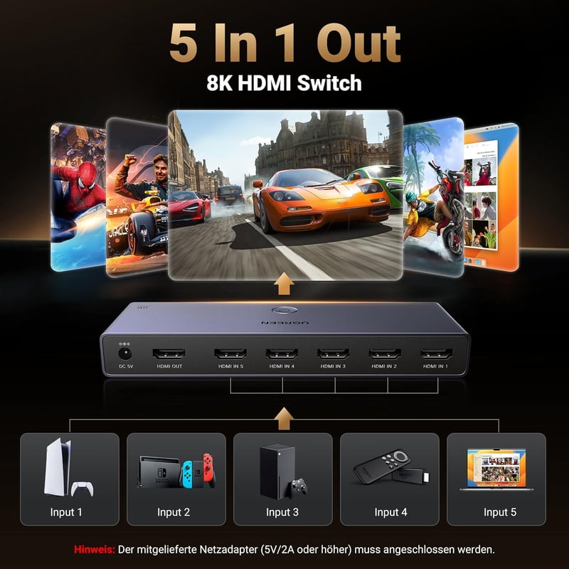 UGREEN 8K@60Hz HDMI Switch 5 bemenet 1 kimenet - Alumínium HDMI 2.1 elosztó HDR10+ támogatással, PS5/PS4/Xbox/Switch kompatibilis, tápegység