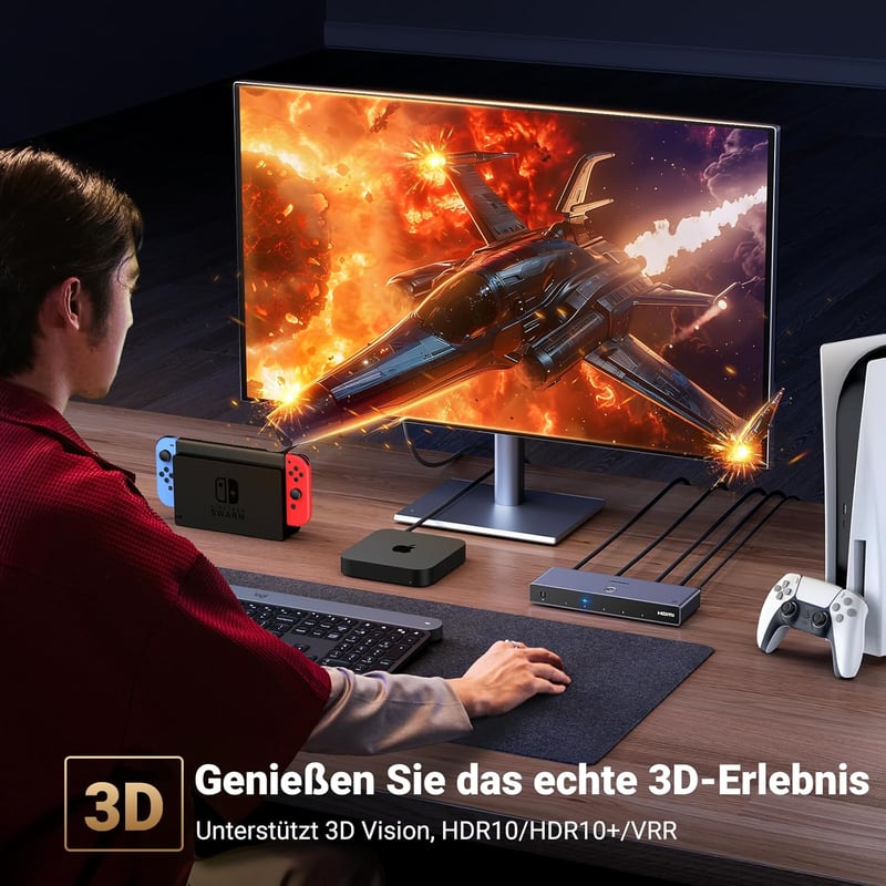 UGREEN 8K@60Hz HDMI Switch 5 bemenet 1 kimenet - Alumínium HDMI 2.1 elosztó HDR10+ támogatással, PS5/PS4/Xbox/Switch kompatibilis, tápegység