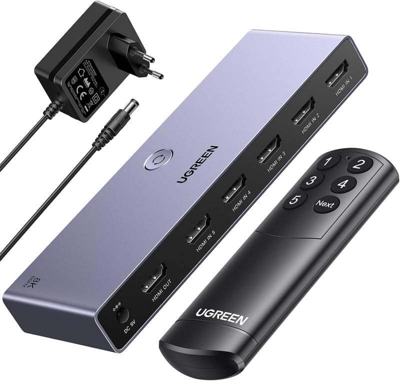 UGREEN 8K@60Hz HDMI Switch 5 bemenet 1 kimenet - Alumínium HDMI 2.1 elosztó HDR10+ támogatással, PS5/PS4/Xbox/Switch kompatibilis, tápegység