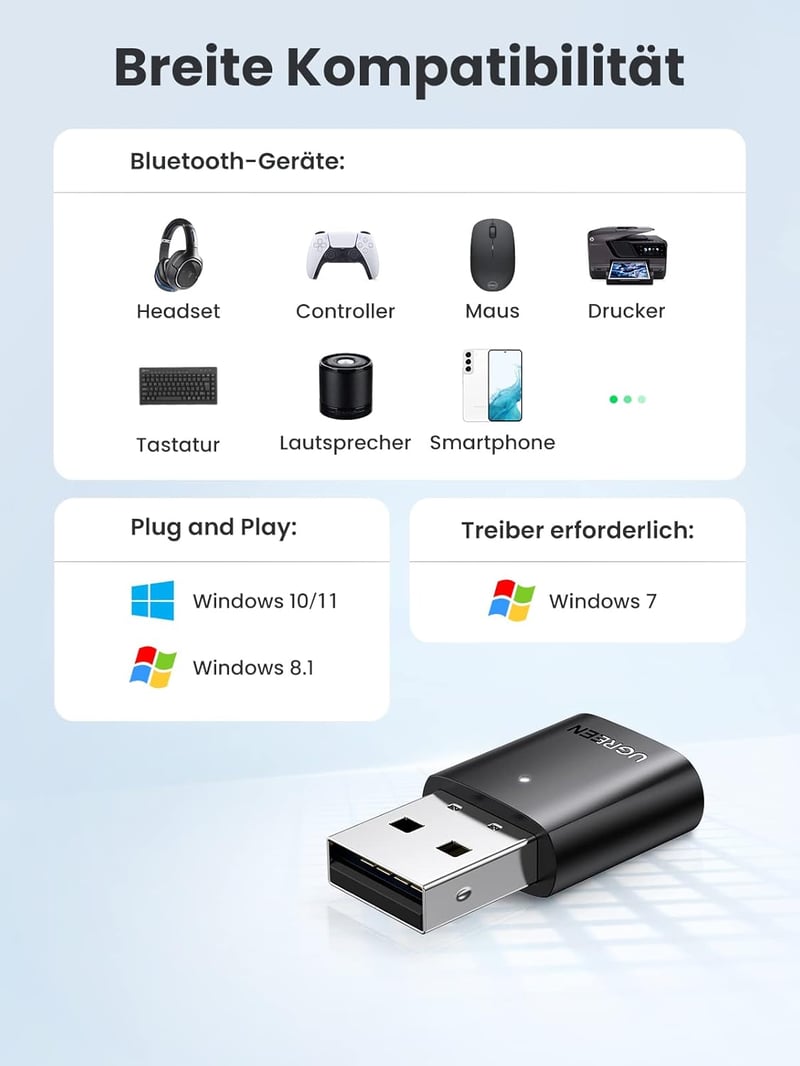 UGREEN Bluetooth 5.0 USB adapter Windows PC laptop egér billentyűzet fülhallgató