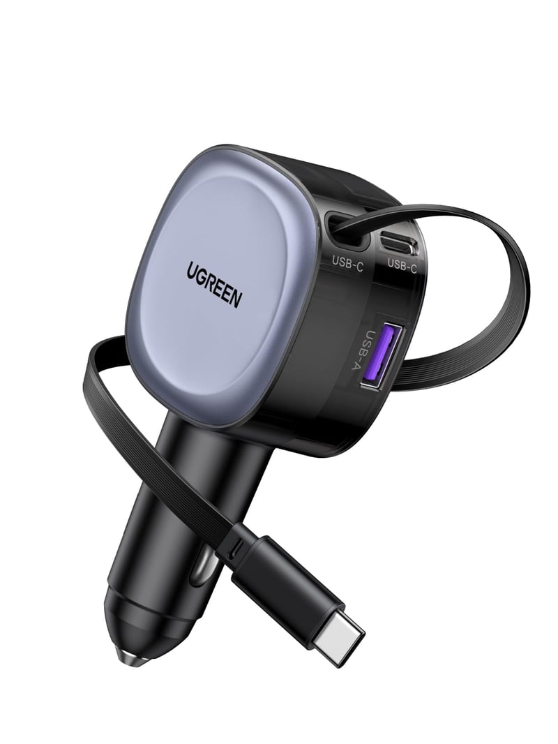 Autonabíjačka UGREEN do zapaľovača 75W s výsuvným káblom USB-C, rýchle nabíjanie, kompatibilná s iPhone, Samsung Galaxy, iPad, 12V adaptér do auta