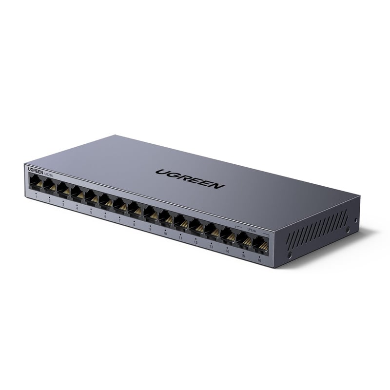 16-portový gigabitový ethernetový switch UGREEN, 10/100/1000 Mbps, RJ45, podpora VLAN, kovové puzdro, pre kancelárske a domáce siete, PC, tlačiareň, kamera, router