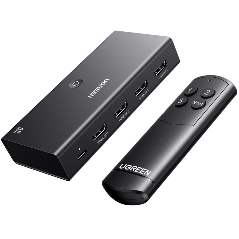 HDMI prepínač UGREEN 3 v 1, 4K 60Hz s diaľkovým ovládaním, HDR10+, 3D, Dolby Atmos, HDCP 2.2 pre PS5, PS4, Xbox, Roku, Fire Stick a Blu-Ray prehrávače