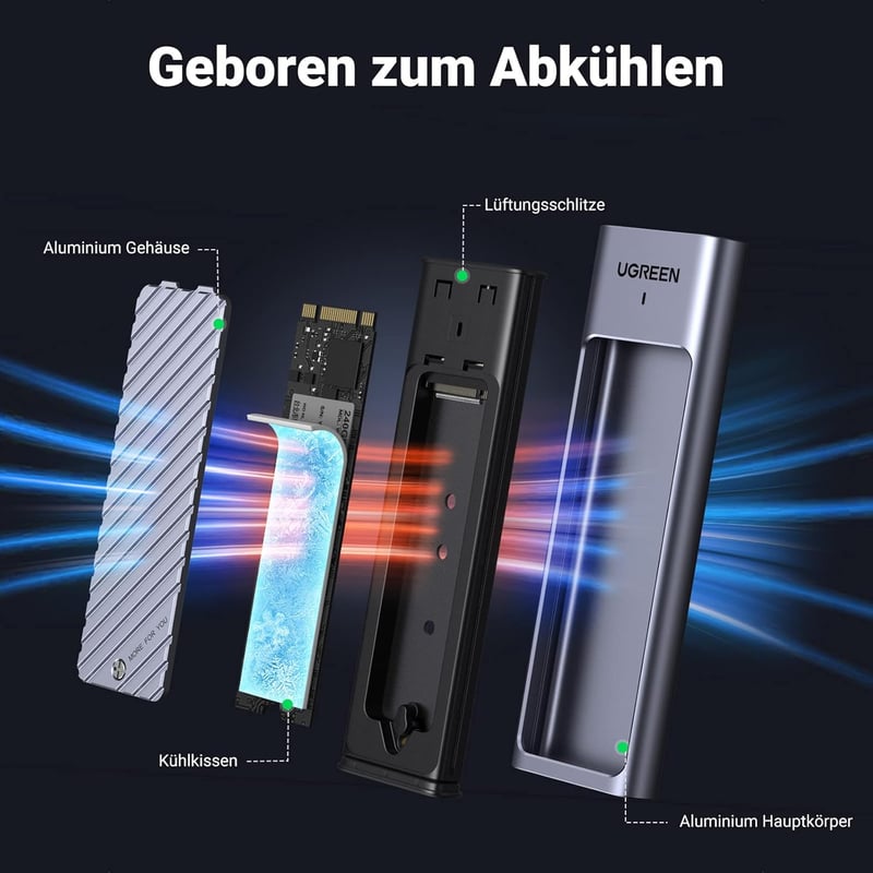UGREEN M.2 NVMe SATA SSD Ház USB 3.2 Gen 2 10Gbps - Alumínium Külső Tok Hűtőpaddal 2280/2242/2230/2260 Méretekhez, 970 EVO Plus és Mac Mini 
