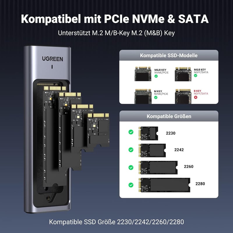 UGREEN M.2 NVMe SATA SSD Ház USB 3.2 Gen 2 10Gbps - Alumínium Külső Tok Hűtőpaddal 2280/2242/2230/2260 Méretekhez, 970 EVO Plus és Mac Mini 