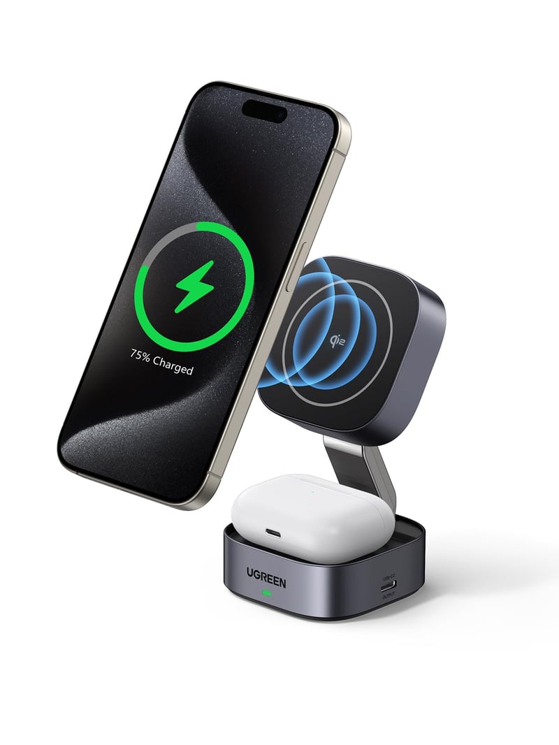 Skladacia bezdrôtová nabíjacia stanica UGREEN MagFlow Qi2 15W 2 v 1 pre iPhone 16/15/14/13/12 a AirPods, kompatibilná s MagSafe
