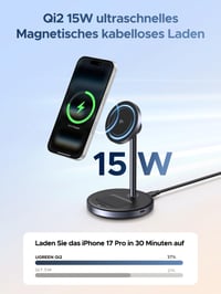 Bezdrôtová nabíjacia stanica UGREEN MagFlow Qi2 MagSafe 2 v 1, 15 W, kompatibilná s iPhone 17/16/15/14/13/12 a AirPods 4/3/2/Pro 2