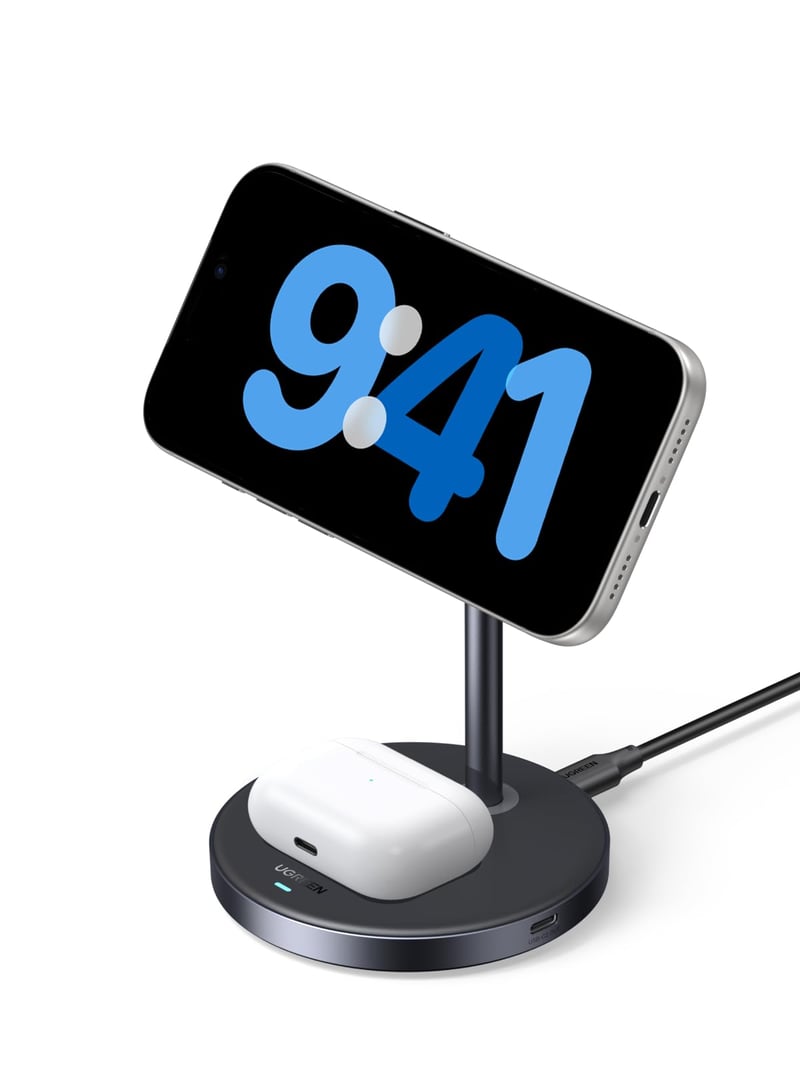 Bezdrôtová nabíjacia stanica UGREEN MagFlow Qi2 MagSafe 2 v 1, 15 W, kompatibilná s iPhone 17/16/15/14/13/12 a AirPods 4/3/2/Pro