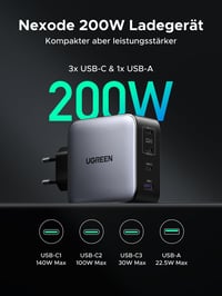 Nabíjačka UGREEN Nexode 200W USB-C, 4-portový GaN sieťový adaptér, rýchle nabíjanie PD3.1 140W, pre MacBook, iPhone a zariadenia Galaxy 3