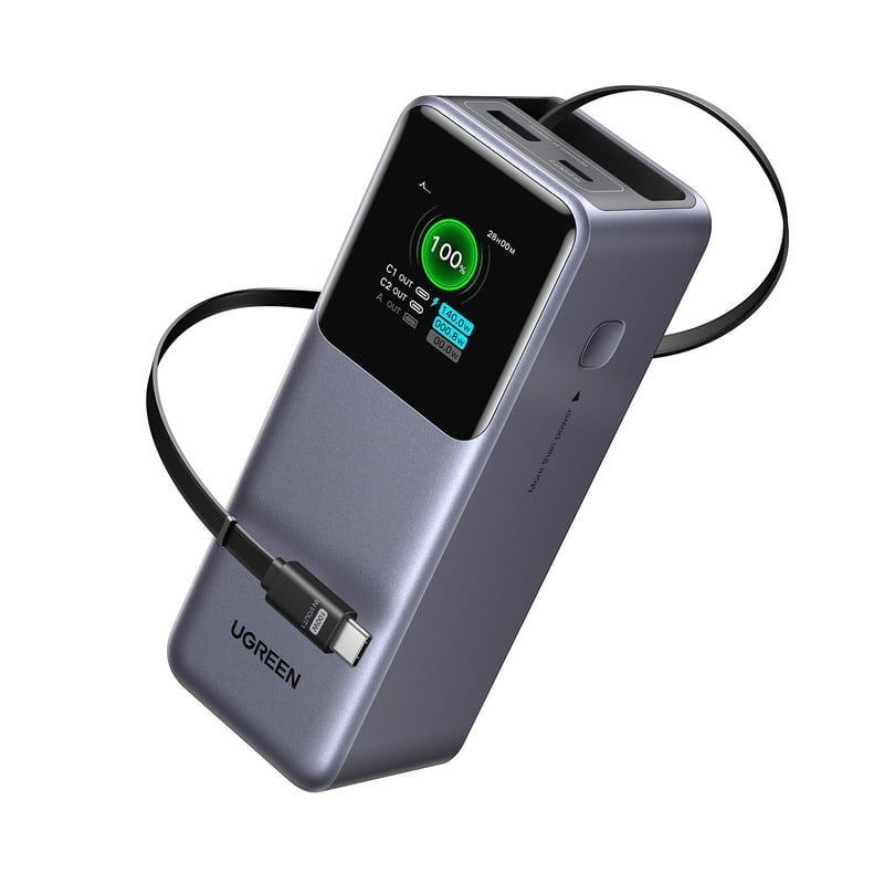 Power banka UGREEN Nexode Pro 20000 mAh so 165W rýchlym nabíjaním a 65 cm zaťahovacím káblom pre iPhone 17/16/15, Galaxy S25, MacBook a notebooky Dell