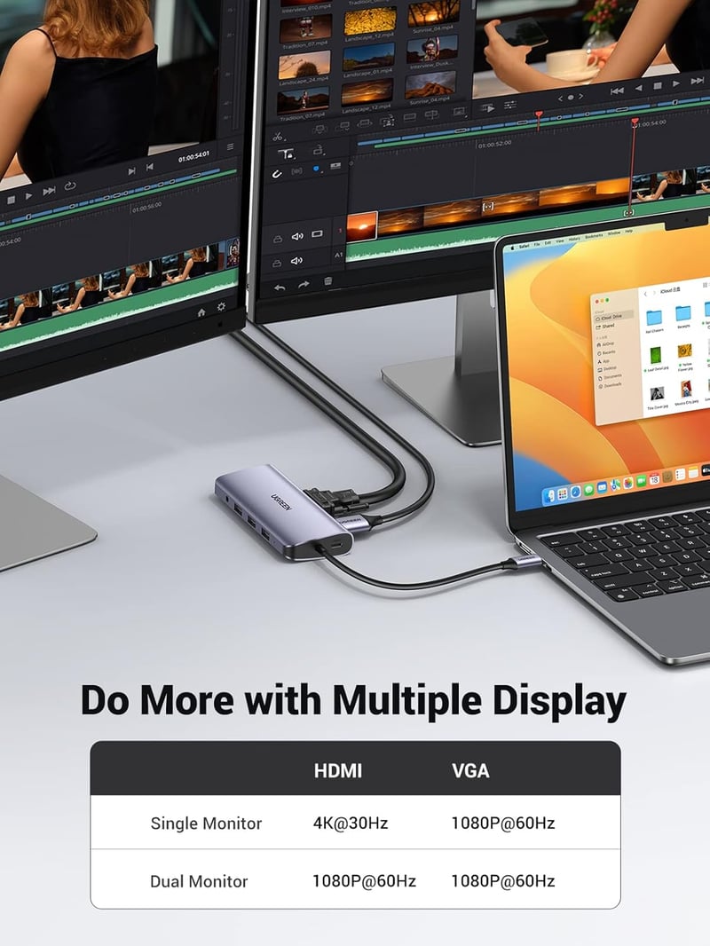 UGREEN Revodok 10-in-1 USB-C Dokkoló Állomás Kettős Kijelzővel - HDMI, VGA, 3 USB 3.0, 100W PD, Ethernet - MacBook, Surface Kompatibilis