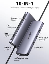 UGREEN Revodok 10-in-1 USB-C Dokkoló Állomás Kettős Kijelzővel - HDMI, VGA, 3 USB 3.0, 100W PD, Ethernet - MacBook, Surface Kompatibilis 2