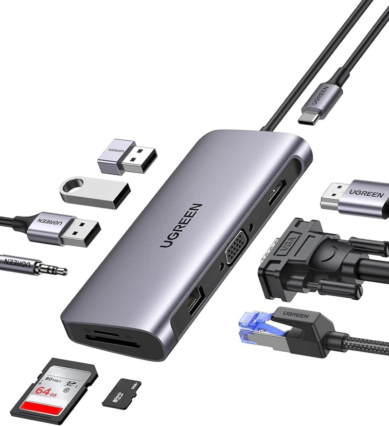 UGREEN Revodok 10-in-1 USB-C Dokkoló Állomás Kettős Kijelzővel - HDMI, VGA, 3 USB 3.0, 100W PD, Ethernet - MacBook, Surface Kompatibilis