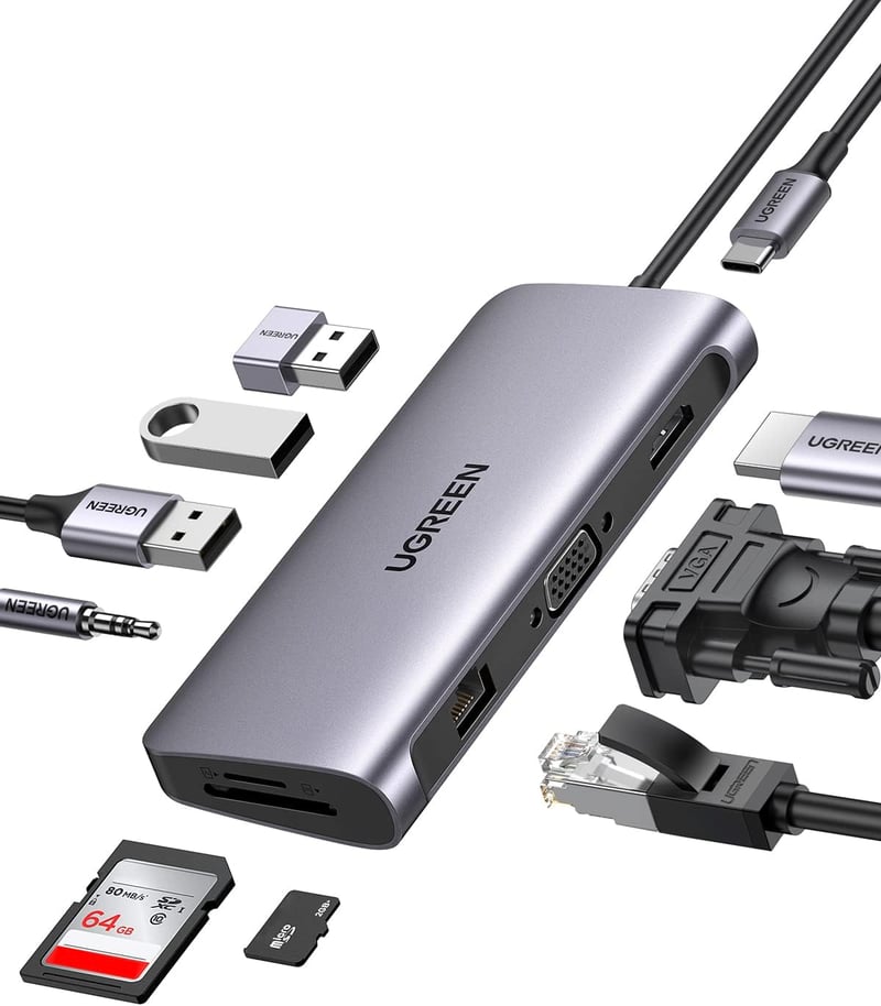 UGREEN Revodok 10-in-1 USB-C Dokkoló Állomás Kettős Kijelzővel - HDMI, VGA, 3 USB 3.0, 100W PD, Ethernet - MacBook, Surface Kompatibilis