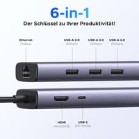 UGREEN Revodok 1061 USB C Hub Ethernet Dokkoló - 4K HDMI, 100W PD, 3 USB-A Port, Gigabit LAN, iPhone 17, MacBook, iPad, Surface, Galaxy Komp 2