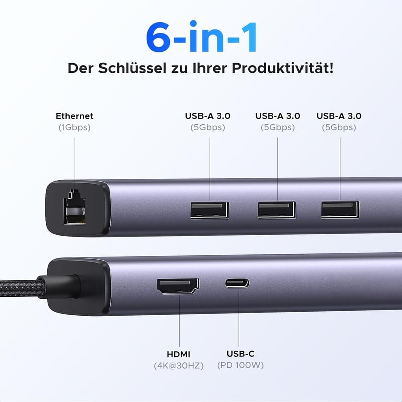 UGREEN Revodok 1061 USB C Hub Ethernet Dokkoló - 4K HDMI, 100W PD, 3 USB-A Port, Gigabit LAN, iPhone 17, MacBook, iPad, Surface, Galaxy Komp