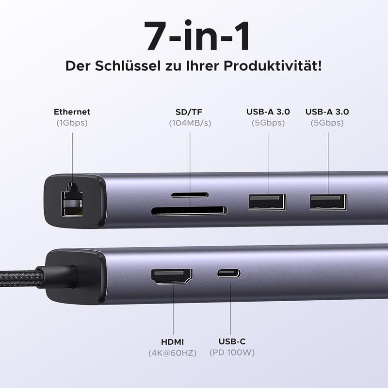 UGREEN Revodok 107 USB-C Hub 7 az 1-ben - 4K 60Hz HDMI, Ethernet, 100W PD, SD/TF, 2 USB 3.0 - iPhone, MacBook, iPad, Surface kompatibilis