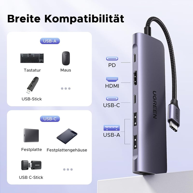 UGREEN Revodok 1071 USB C Hub 7 az 1-ben - 4K HDMI, 100W PD, USB 3.0, SD/TF Kártyaolvasó - iPhone, MacBook, iPad, Surface, Galaxy, Steam Dec