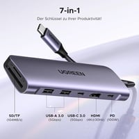 UGREEN Revodok 1071 USB C Hub 7 az 1-ben - 4K HDMI, 100W PD, USB 3.0, SD/TF Kártyaolvasó - iPhone, MacBook, iPad, Surface, Galaxy, Steam Dec 2