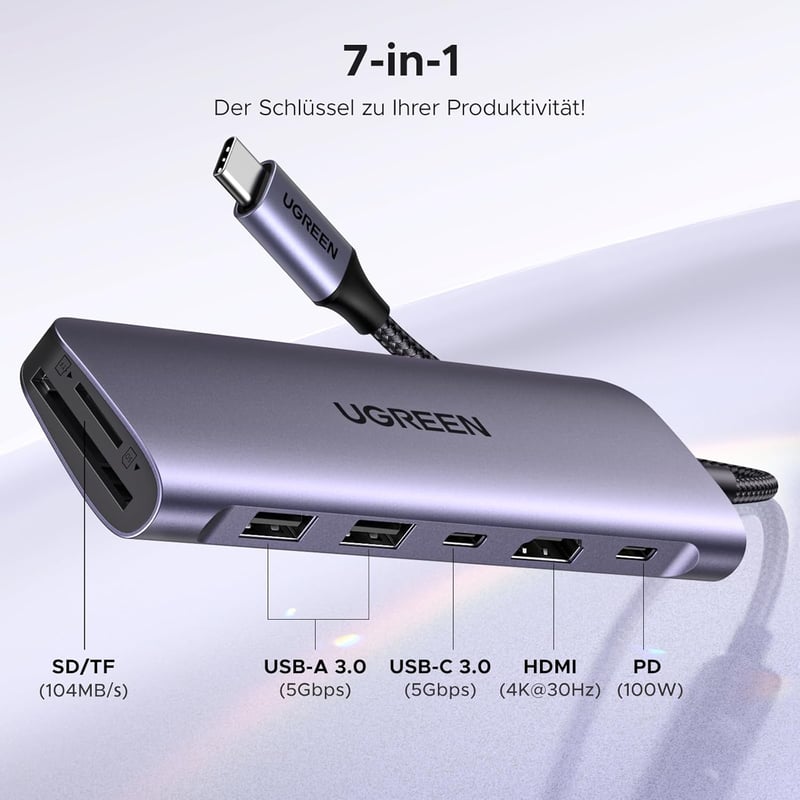 UGREEN Revodok 1071 USB C Hub 7 az 1-ben - 4K HDMI, 100W PD, USB 3.0, SD/TF Kártyaolvasó - iPhone, MacBook, iPad, Surface, Galaxy, Steam Dec