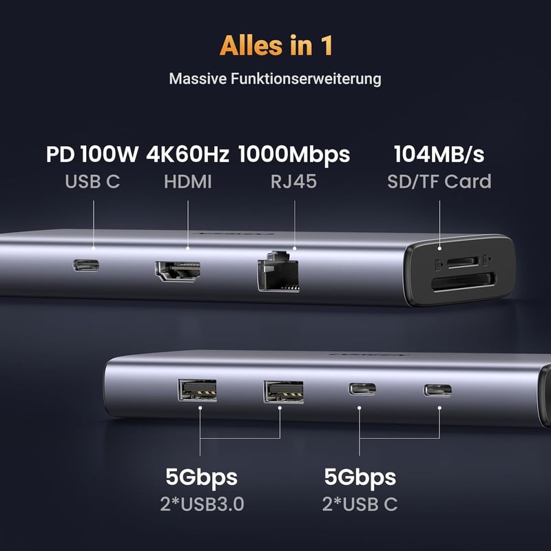 UGREEN Revodok 109 USB-C Hub 9-in-1 - 4K 60Hz HDMI, 100W PD, Gigabit Ethernet, SD/TF Kártyaolvasó, MacBook, iPhone, iPad, Surface Pro Kompat