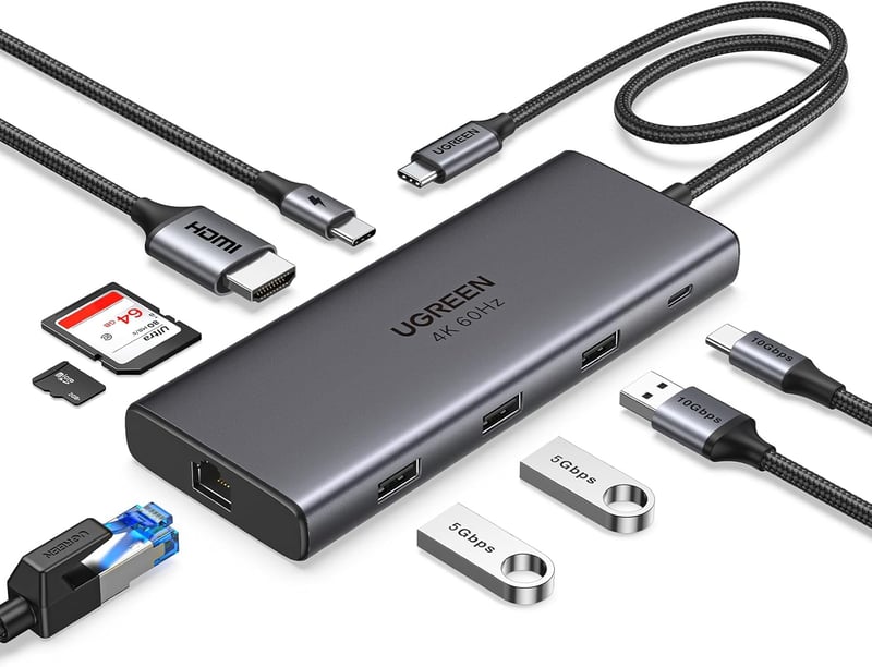 UGREEN Revodok Pro 109 USB C Hub 10Gbps - 9 az 1-ben Dokkoló Állomás HDMI 4K@60Hz, 100W PD, Ethernet, SD/TF Kártyaolvasó iPhone, MacBook, Su