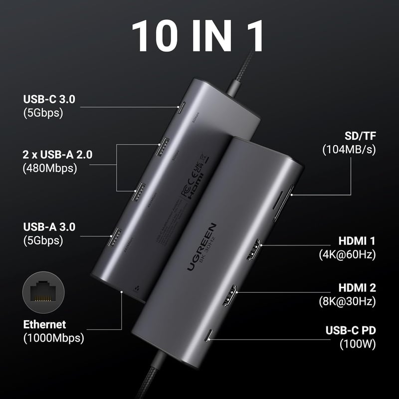 UGREEN Revodok Pro 210 USB C Dokkoló Állomás - 10 az 1-ben Hub, Kettős 4K HDMI, Gigabit Ethernet, 100W Gyorstöltés, SD/TF Kártyaolvasó, MacB