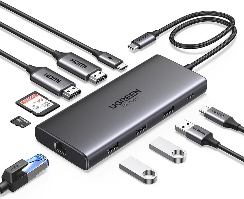 UGREEN Revodok Pro 210 USB C Dokkoló Állomás - 10 az 1-ben Hub, Kettős 4K HDMI, Gigabit Ethernet, 100W Gyorstöltés, SD/TF Kártyaolvasó, MacB